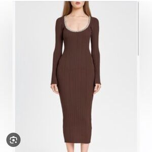 NWT WAYF CYNTHIA maxi Ribbed Long Sleeve Dress Brown Rhinestone Collar Revolve